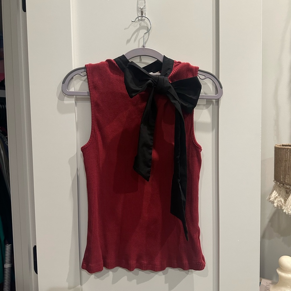 Sleeveless Red Top with Black Bow